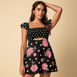 Free People Bom Bom Mini Dress | Black Floral Polka Dot Cutout Back | Size Small